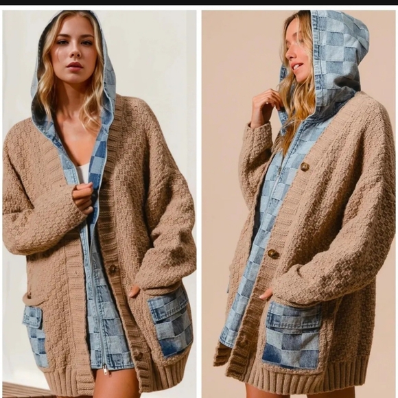 BIBI Cable Knit & Checkered Denim Zip Up Cardigan in Latte/Denim. Sz M. NWT - Picture 1 of 7
